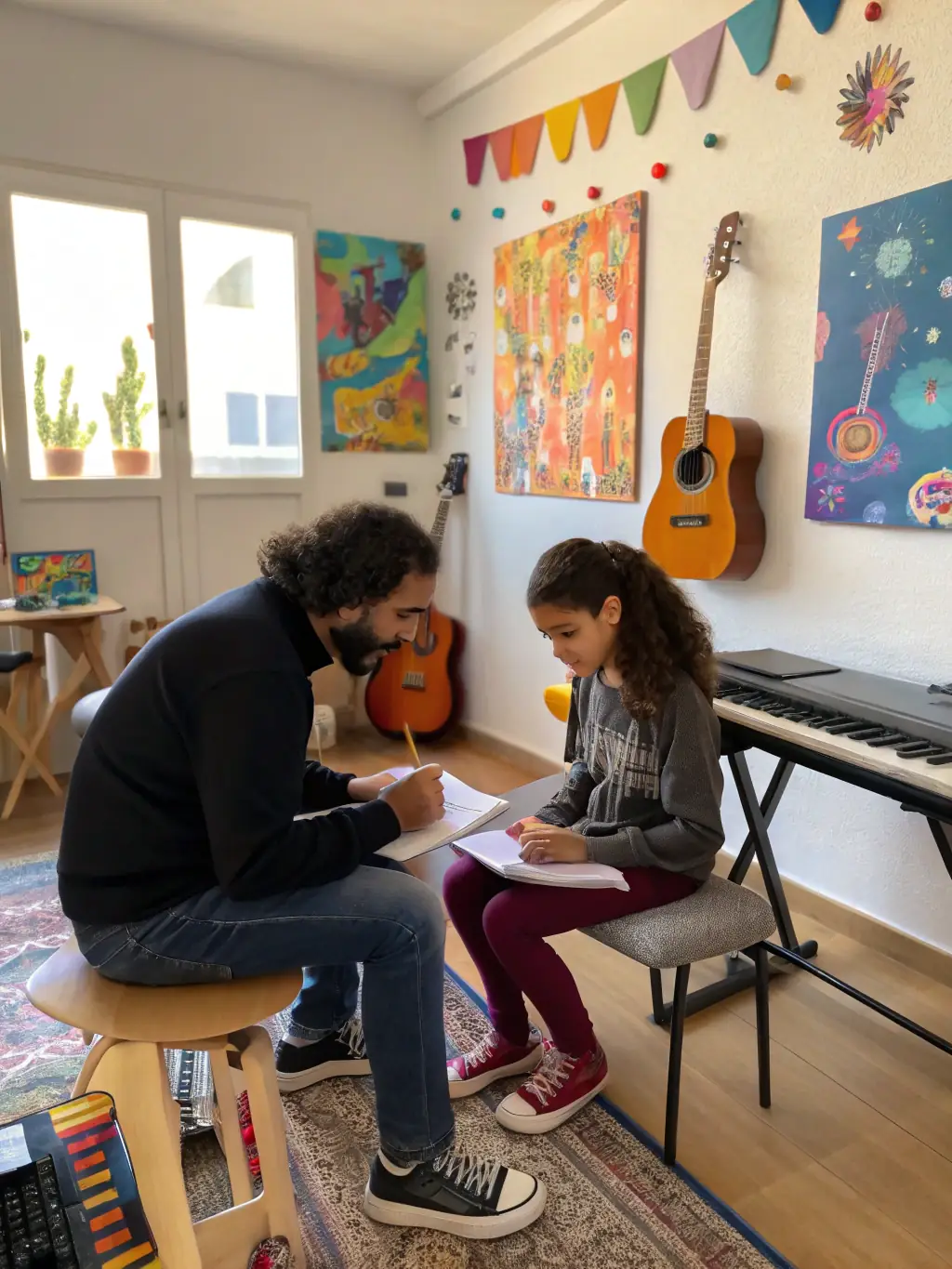 A candid shot of a KERMHIT ASSO mentor working with a young band, reviewing their marketing materials and providing guidance.