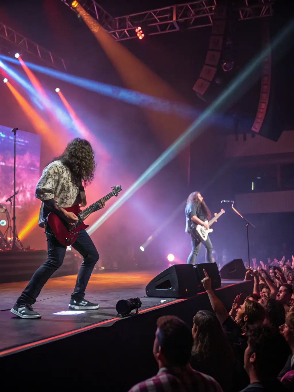 A dynamic image of a live rock concert with a packed audience, stage lighting, and performing bands energizing the crowd.