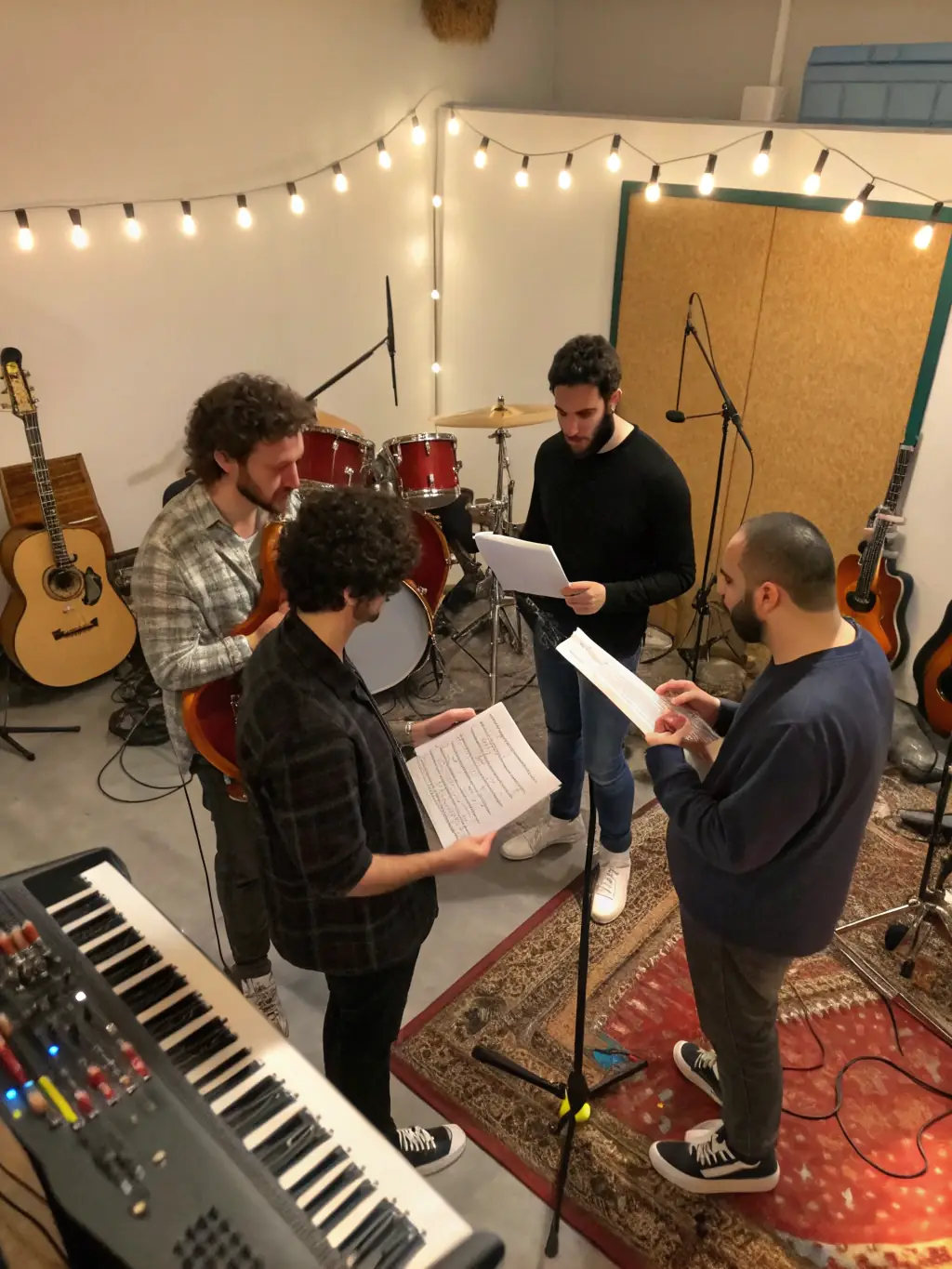 An image of a band during a rehearsal with promotional materials and a manager discussing plans.