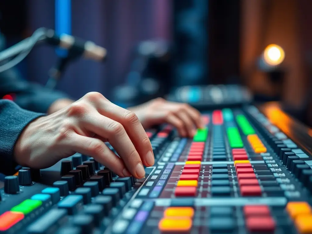 A technician adjusting sound equipment at a KERMHIT ASSO-supported concert, emphasizing the organization's commitment to providing high-quality technical services for live music events.
