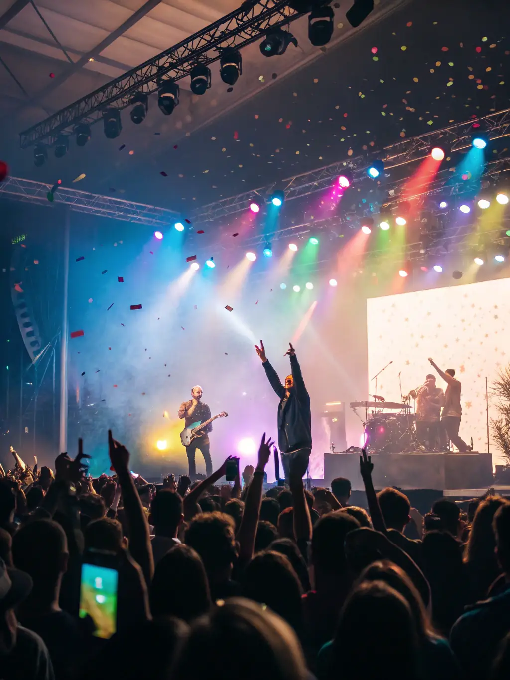 A vibrant photo of a KERMHIT ASSO-supported rock band performing live on stage, bathed in colorful stage lights, with an enthusiastic crowd in the background.