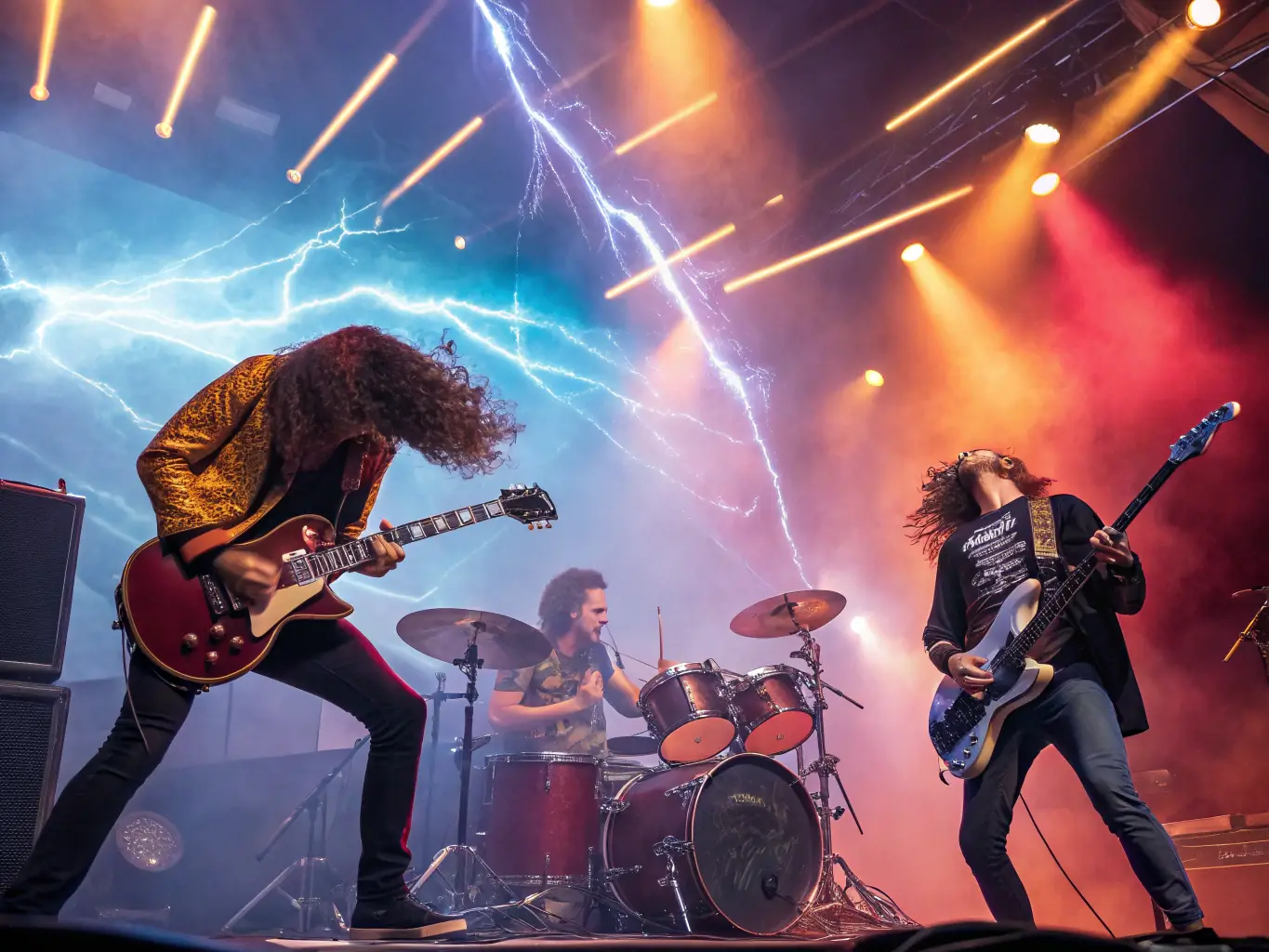 A vibrant rock concert scene with a band performing on stage, captured from the audience's perspective, showcasing the energy and excitement of a live music event organized by KERMHIT ASSO.